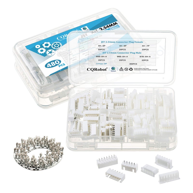 CQRobot JST XH 2.54 mm Pitch 5-Pin/6-Pin/7-Pin Electronic Connector IC Male Plugs, Female Sockets Housing and T-Shaped Crimp Terminal Kit. 60 Sets/480 Pieces Wire-to-Board Adapter Cable Assembly. - Image 1