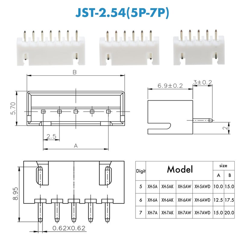 CQRobot JST XH 2.54 mm Pitch 5-Pin/6-Pin/7-Pin Electronic Connector IC Male Plugs, Female Sockets Housing and T-Shaped Crimp Terminal Kit. 60 Sets/480 Pieces Wire-to-Board Adapter Cable Assembly. - Image 3