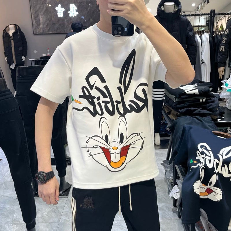 New Style Slim-Fit Round Neck Short-Sleeved Men'S Internet Celebrity Fashionable Distinctive T-Shirt Rabbit Printed Cartoon Half-Sleeve - Image 1