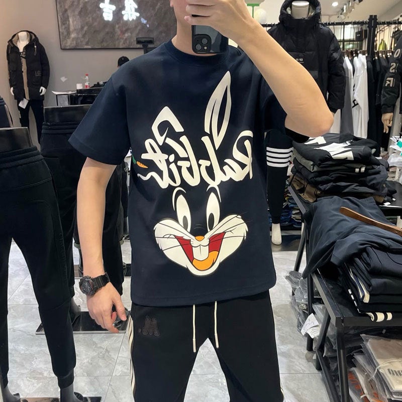 New Style Slim-Fit Round Neck Short-Sleeved Men'S Internet Celebrity Fashionable Distinctive T-Shirt Rabbit Printed Cartoon Half-Sleeve - Image 4