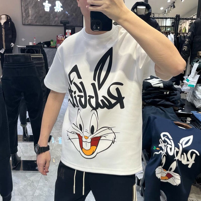 New Style Slim-Fit Round Neck Short-Sleeved Men'S Internet Celebrity Fashionable Distinctive T-Shirt Rabbit Printed Cartoon Half-Sleeve - Image 3
