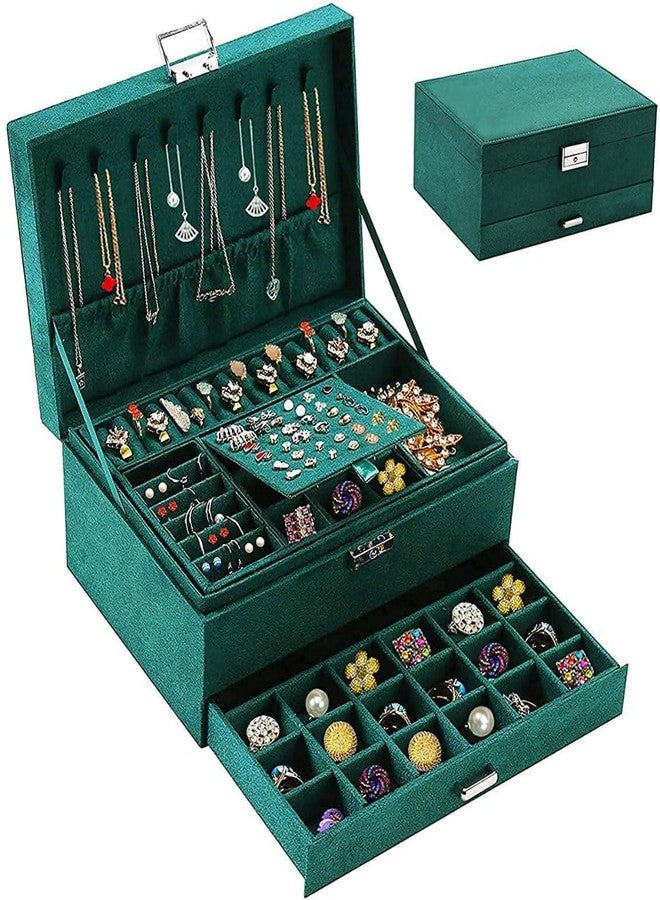 Drumil Luxury 3-Layer Jewelry Box Organizer for Women Girls – Large Lockable Green Storage Case with Drawers for Earrings, Rings, Necklaces, Bracelets, Watches – Elegant Display Gift Box - Image 1