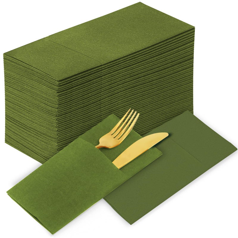 KAMMAK KAMMAK Matcha Green Napkins Disposable with Pocket Cloth Like Dinner Paper Napkins 100 Pack Folded Wedding Reception Napkins Bathroom Guest Hand Towels for Party Decoration (16.5 x 16.5 inch) - Image 1
