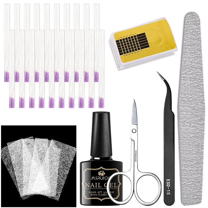 Fiberglass Nail Extension Gel Kit Gel Nail Builder Extension Fiber Nail Kit with Magical Silk Fiberglass Quick Building Gel Nail File Tweezers Scissors Nail forms for Gel Extension Nail Art
