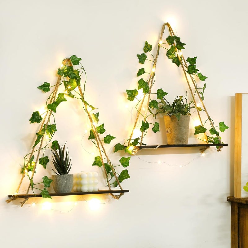 Artilady 2 Pack Artificial Ivy Wall Hanging Shelves Boho Floating Shelves Wall Decor, Adjustable Rustic Wood Shelf with LED Light Storage Rack Macrame Plant Shleves Holder for Bedroom - Image 1