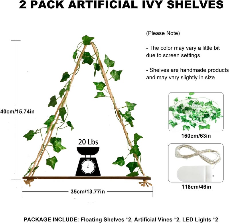 Artilady 2 Pack Artificial Ivy Wall Hanging Shelves Boho Floating Shelves Wall Decor, Adjustable Rustic Wood Shelf with LED Light Storage Rack Macrame Plant Shleves Holder for Bedroom - Image 2