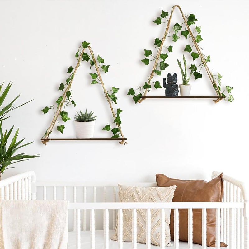 Artilady 2 Pack Artificial Ivy Wall Hanging Shelves Boho Floating Shelves Wall Decor, Adjustable Rustic Wood Shelf with LED Light Storage Rack Macrame Plant Shleves Holder for Bedroom - Image 3