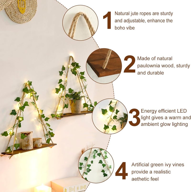 Artilady 2 Pack Artificial Ivy Wall Hanging Shelves Boho Floating Shelves Wall Decor, Adjustable Rustic Wood Shelf with LED Light Storage Rack Macrame Plant Shleves Holder for Bedroom - Image 4
