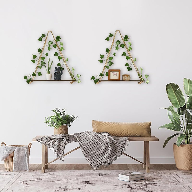 Artilady 2 Pack Artificial Ivy Wall Hanging Shelves Boho Floating Shelves Wall Decor, Adjustable Rustic Wood Shelf with LED Light Storage Rack Macrame Plant Shleves Holder for Bedroom - Image 5