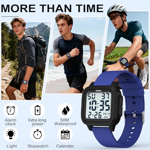 Edillas Square Sport Watch Digital for Women's Men's (Big Numbers Large Face 5ATM Waterproof Alarm Stopwatch Date Week Military Back Light) Watch for Teenagers - Image 2