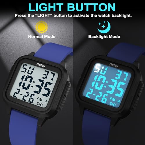 Edillas Square Sport Watch Digital for Women's Men's (Big Numbers Large Face 5ATM Waterproof Alarm Stopwatch Date Week Military Back Light) Watch for Teenagers - Image 3