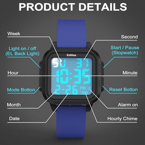 Edillas Square Sport Watch Digital for Women's Men's (Big Numbers Large Face 5ATM Waterproof Alarm Stopwatch Date Week Military Back Light) Watch for Teenagers - Image 5