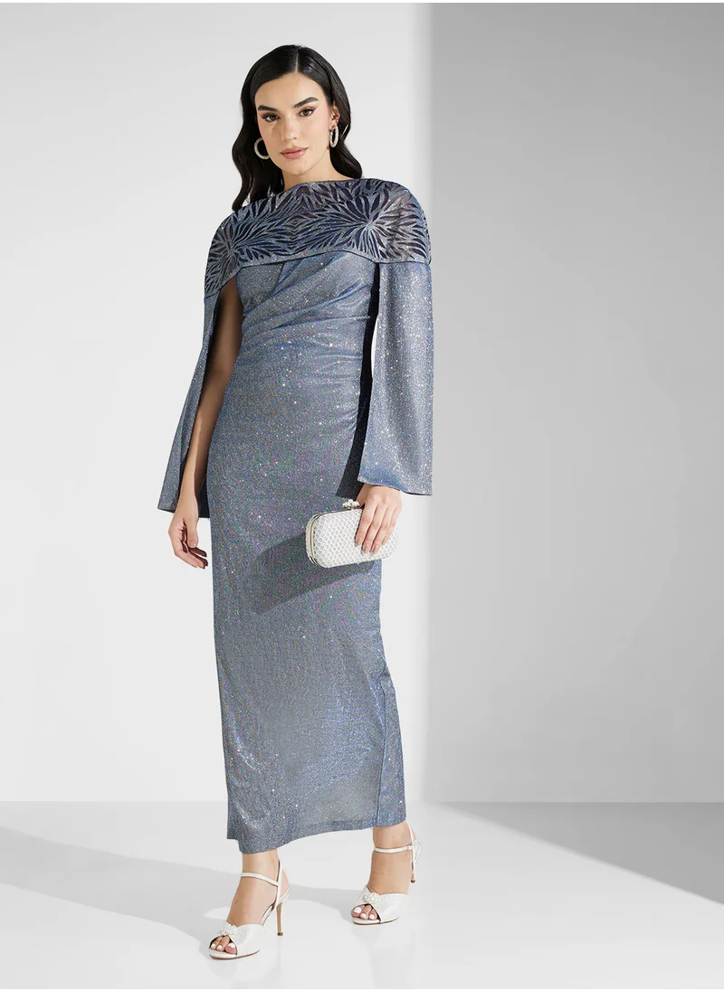 نمشي x Laser Cut Cape Style Metallic Draped Dress