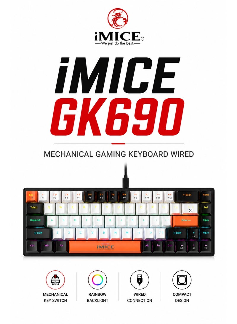 iMice RGB Mechanical Gaming Multi Keyboard –68-Key Compact Design with 5-Color LED Backlight, 10 Custom Lighting Modes & type c cable connect for Ultimate Performance. - Image 1