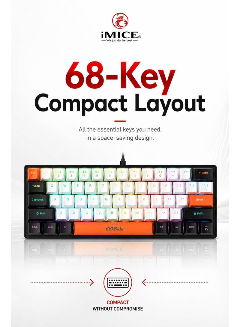 iMice RGB Mechanical Gaming Multi Keyboard –68-Key Compact Design with 5-Color LED Backlight, 10 Custom Lighting Modes & type c cable connect for Ultimate Performance. - Image 2