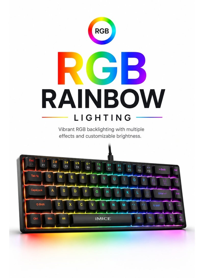 iMice RGB Mechanical Gaming Multi Keyboard –68-Key Compact Design with 5-Color LED Backlight, 10 Custom Lighting Modes & type c cable connect for Ultimate Performance. - Image 3