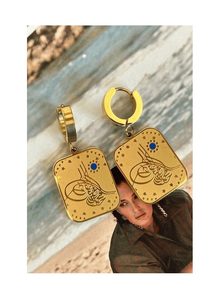 لاكجيريا أقراط من الفولاذ الأزرق مع تفاصيل حجرية على طراز المجوهرات - Image 2