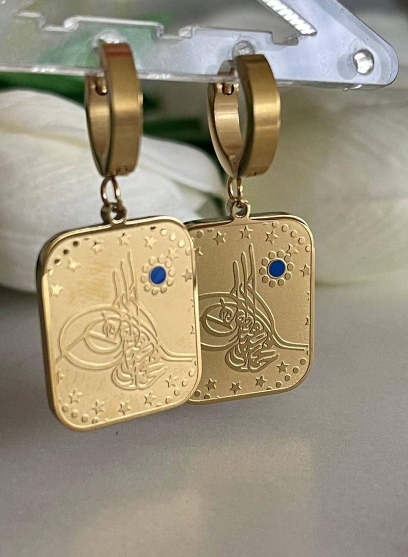 لاكجيريا أقراط من الفولاذ الأزرق مع تفاصيل حجرية على طراز المجوهرات - Image 3