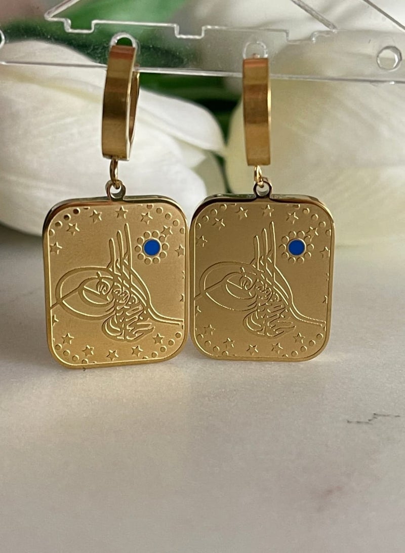 لاكجيريا أقراط من الفولاذ الأزرق مع تفاصيل حجرية على طراز المجوهرات - Image 4