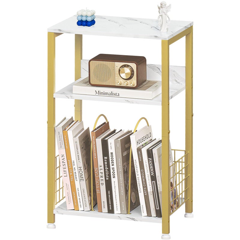 LELELINKY Side Table,White Marble Night Stand with Golden Metal Frame,3 Tier Industrial Wooden Record Player Stand with Vinyl Storage Shelf ,End Tables for Living Room Bedroom Small Spaces - Image 1