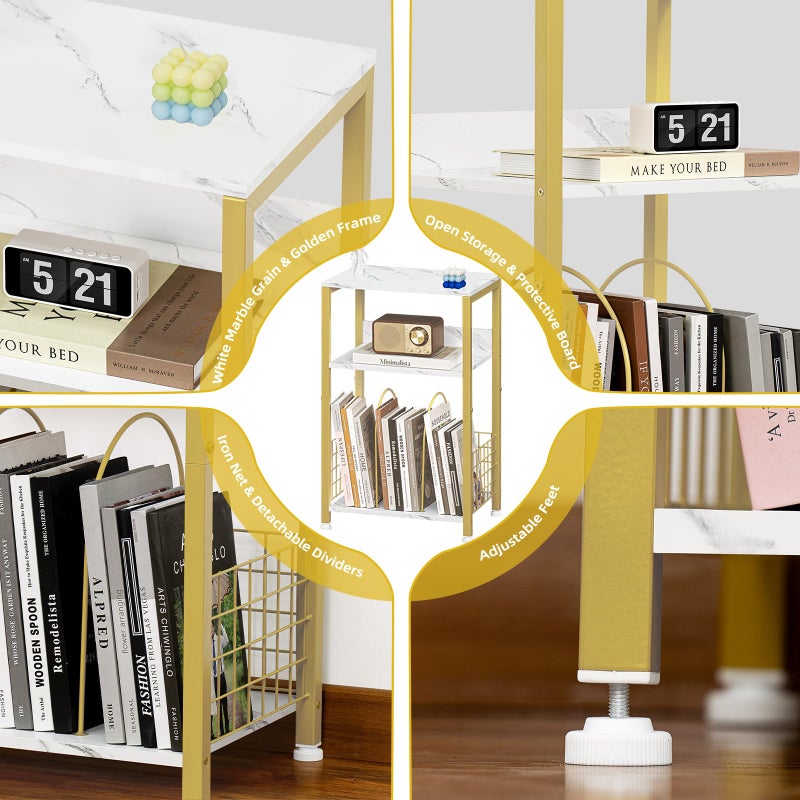 LELELINKY Side Table,White Marble Night Stand with Golden Metal Frame,3 Tier Industrial Wooden Record Player Stand with Vinyl Storage Shelf ,End Tables for Living Room Bedroom Small Spaces - Image 5