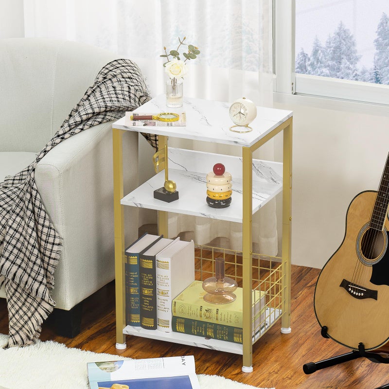 LELELINKY Side Table,White Marble Night Stand with Golden Metal Frame,3 Tier Industrial Wooden Record Player Stand with Vinyl Storage Shelf ,End Tables for Living Room Bedroom Small Spaces - Image 2