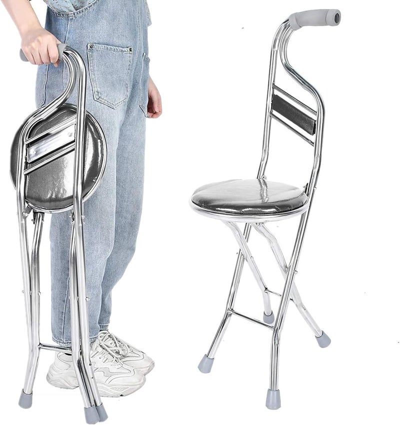 woobles Folding Cane Seat, Stainless Steel Hand Stick Stool Crutch for Women and Men, Anti-Slip Four-Leg Thickening Walking Stick for Elderly Outdoor Travel Aids(Black)-black - Image 1