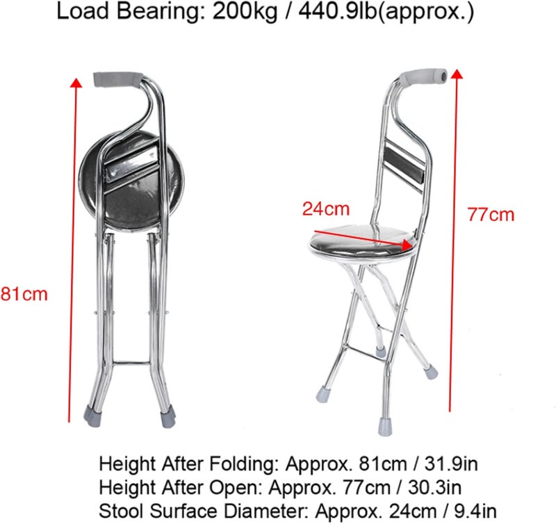 woobles Folding Cane Seat, Stainless Steel Hand Stick Stool Crutch for Women and Men, Anti-Slip Four-Leg Thickening Walking Stick for Elderly Outdoor Travel Aids(Black)-black - Image 5