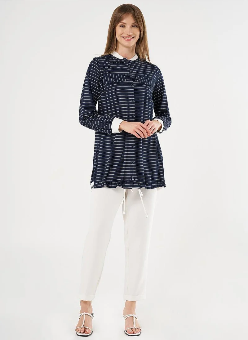 Kayra Flap Pocket Striped Pattern Tunic Navy