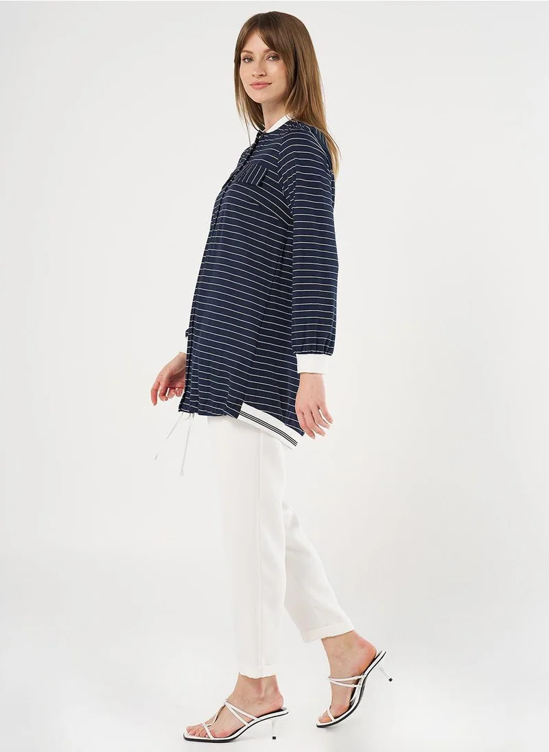 Kayra Flap Pocket Striped Pattern Tunic Navy