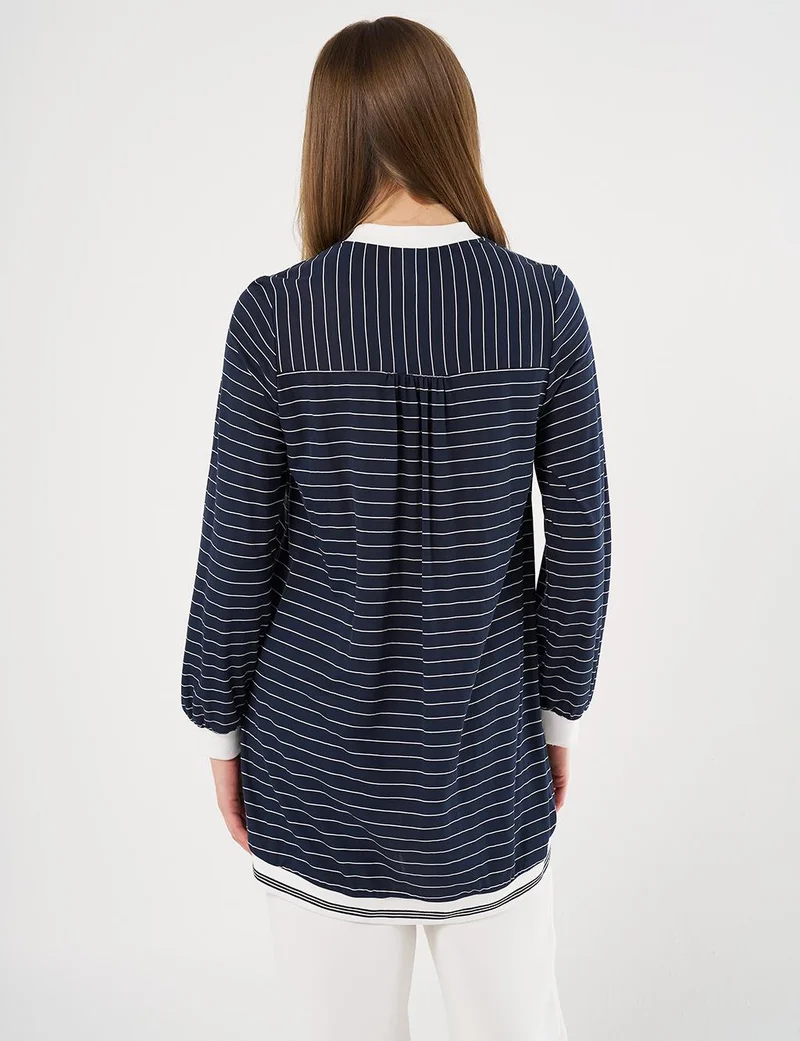 Kayra Flap Pocket Striped Pattern Tunic Navy