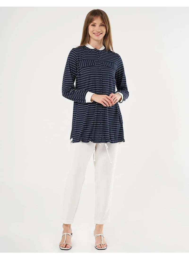 Kayra Flap Pocket Striped Pattern Tunic Navy