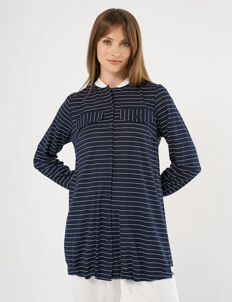Kayra Flap Pocket Striped Pattern Tunic Navy