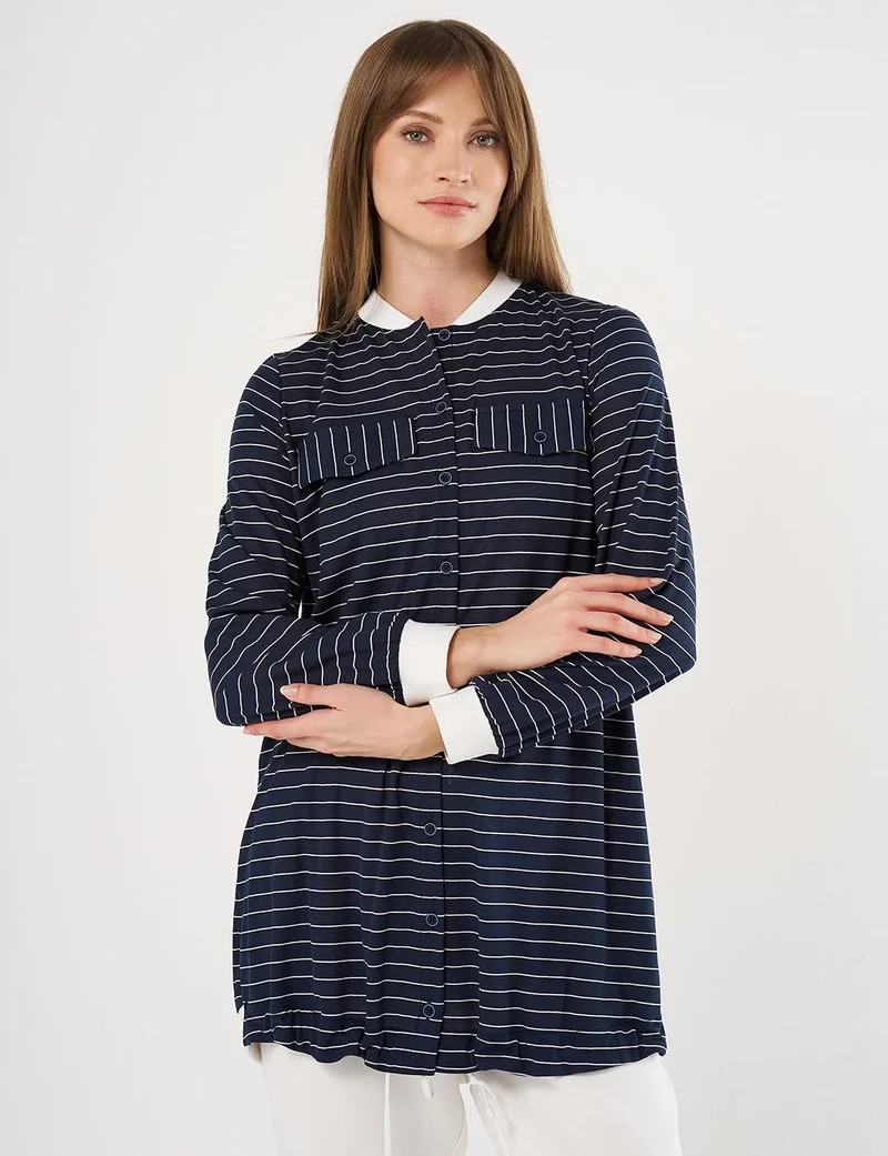 Kayra Flap Pocket Striped Pattern Tunic Navy