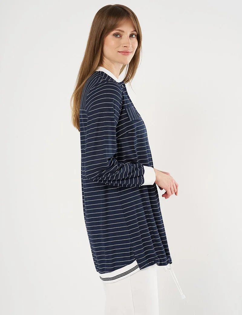 Kayra Flap Pocket Striped Pattern Tunic Navy