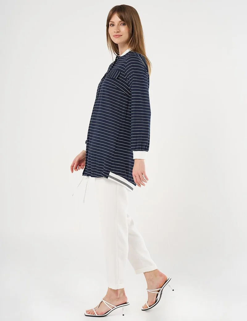 Kayra Flap Pocket Striped Pattern Tunic Navy