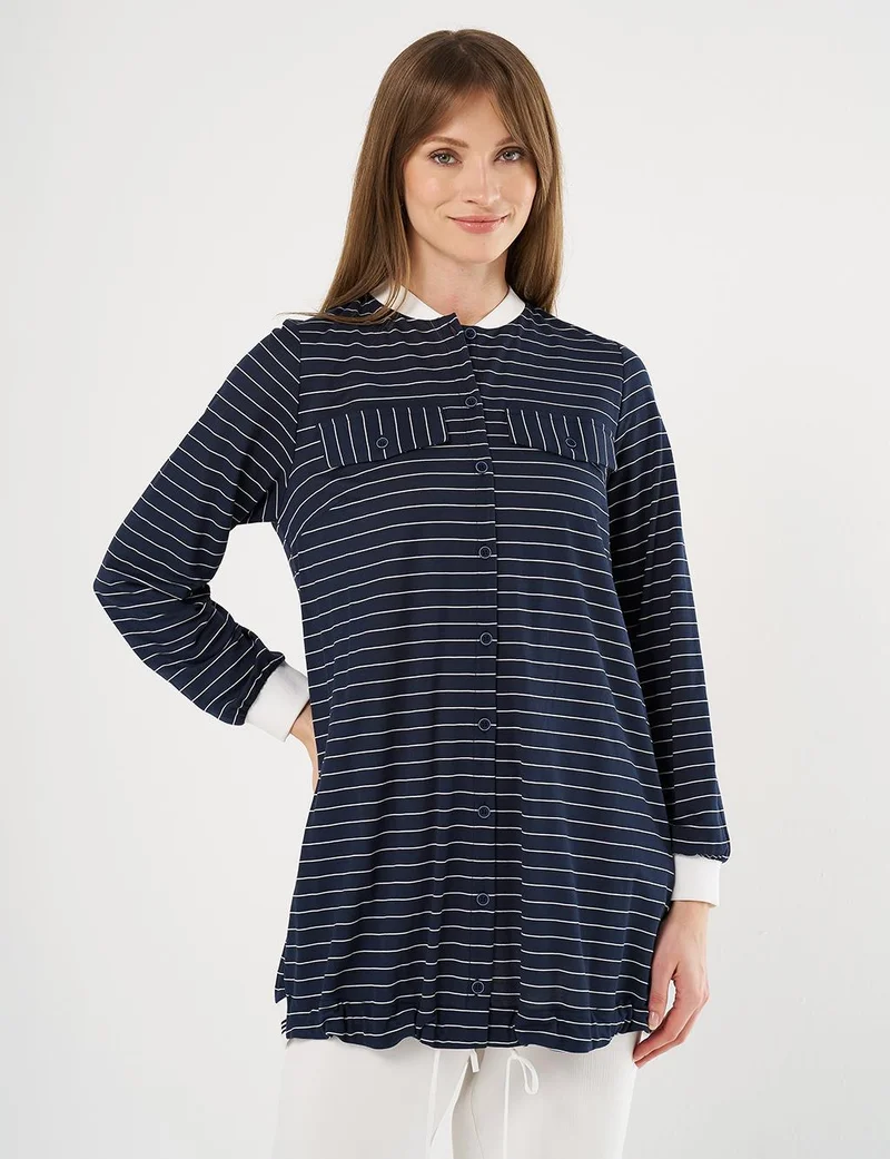 Kayra Flap Pocket Striped Pattern Tunic Navy