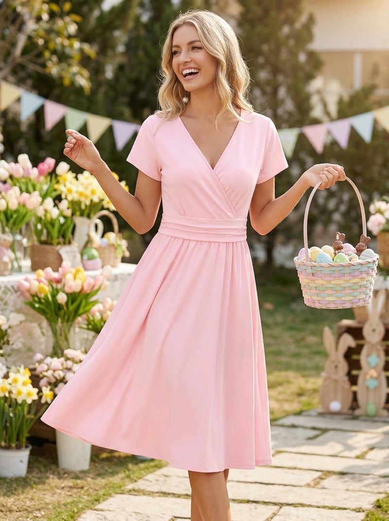 OUGES Summer Dress with Pockets Casual Lightweight Flowy Midi Sundress Work Church Wedding Guest Dresses(Pink,XL) - Image 4