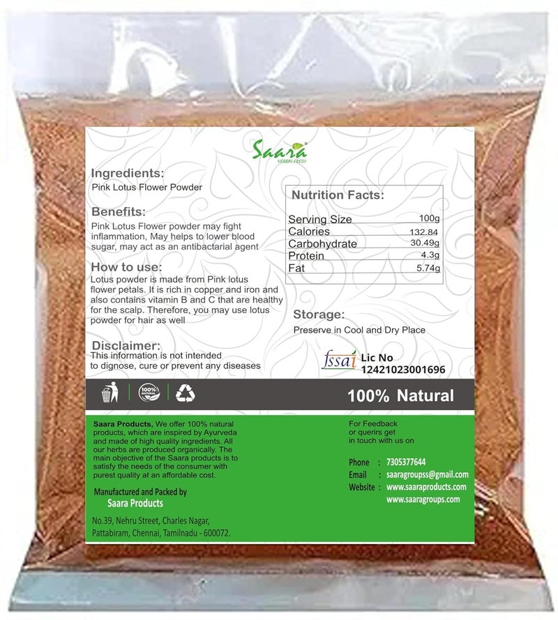 Saara HERBAL FRESH Saara HERBAL FRESH Lotus Flower Powder 100g Nelumbo Nucifera Powder Thamarai Poo Lotus Flower Powder Pink Kamal Powder For Face Skin and Hair pack of 2 x 50g  - Image 2