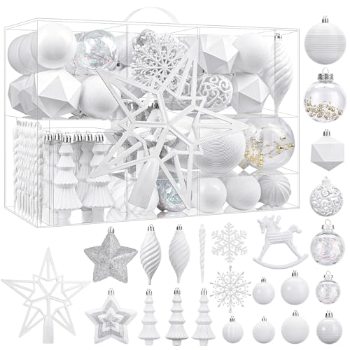 SHareconn 100pcs Christmas Tree Decorations Ornaments Set Shatterproof Plastic Baubles Decorative Balls for Xmas Tree Decor Holiday Wedding Party White - Image 1