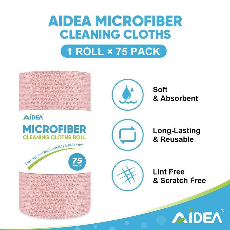 AIDEA Microfiber Cleaning Cloth Roll, 75PK, Tear Away Reusable Paper Towels, Pink Towels Lint Free Rags for House, Kitchen, Car Cleaning Supplies, 11.5"Ã—11.5" - Image 2