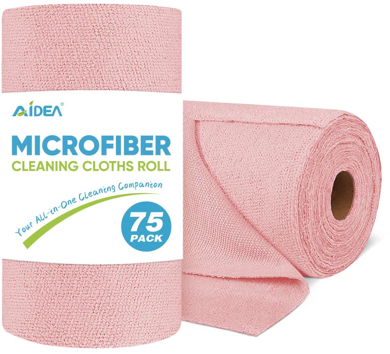 AIDEA Microfiber Cleaning Cloth Roll, 75PK, Tear Away Reusable Paper Towels, Pink Towels Lint Free Rags for House, Kitchen, Car Cleaning Supplies, 11.5"Ã—11.5" - Image 1