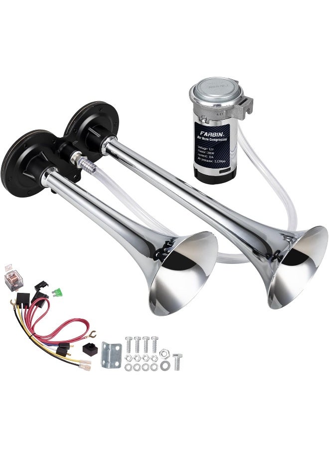 FARBIN Car Horn 12V 150db Super Loud Air Horn, Chrome Zinc Dual Trumpet Air Horns, Truck Horn with Compressor and Wire Harness - Image 1