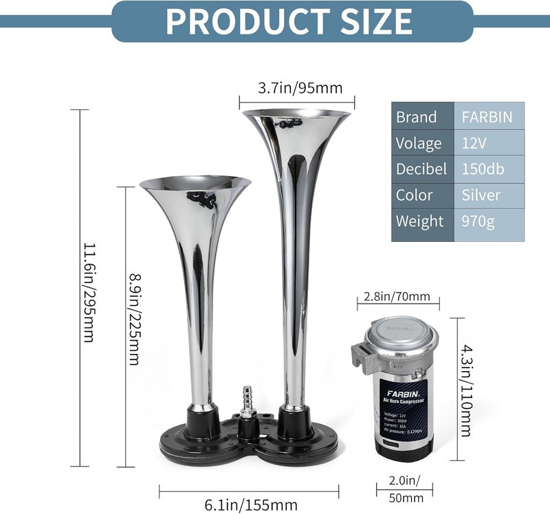 FARBIN Car Horn 12V 150db Super Loud Air Horn, Chrome Zinc Dual Trumpet Air Horns, Truck Horn with Compressor and Wire Harness - Image 5