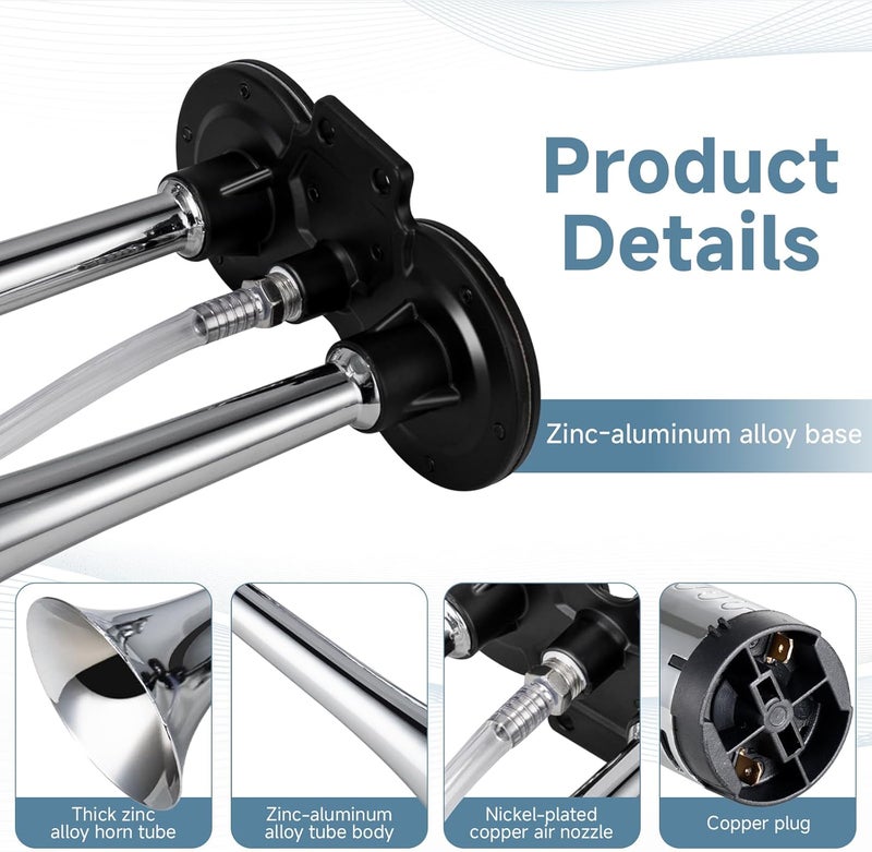 FARBIN Car Horn 12V 150db Super Loud Air Horn, Chrome Zinc Dual Trumpet Air Horns, Truck Horn with Compressor and Wire Harness - Image 3