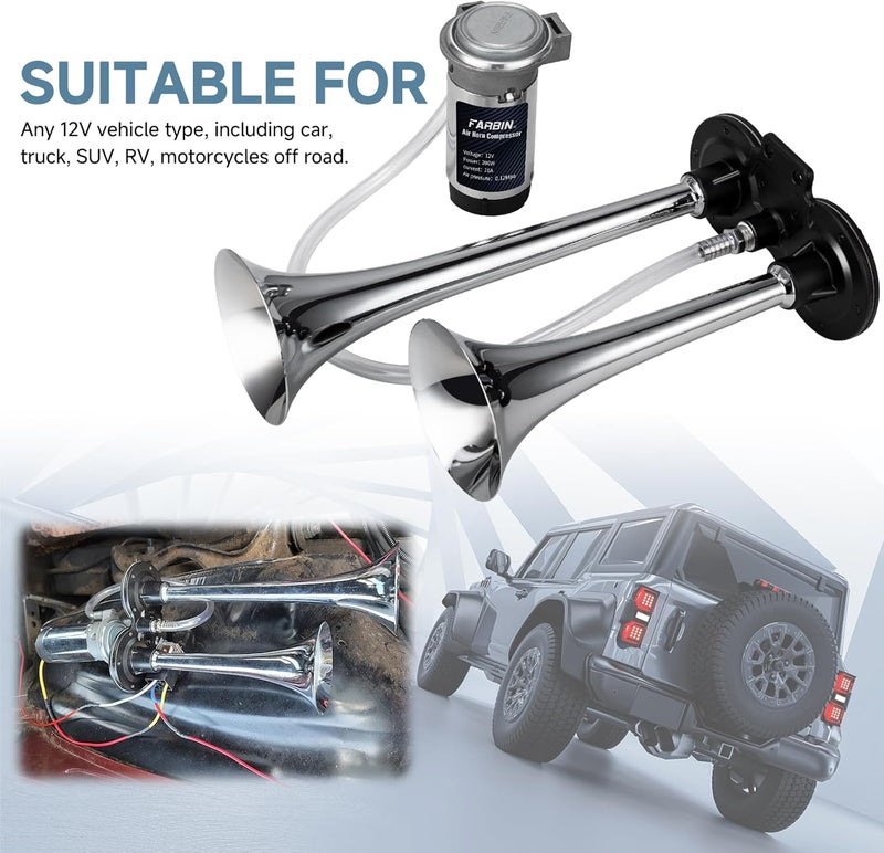 FARBIN Car Horn 12V 150db Super Loud Air Horn, Chrome Zinc Dual Trumpet Air Horns, Truck Horn with Compressor and Wire Harness - Image 2