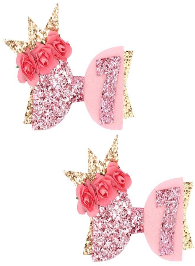Exacoo 2pcs 7th Birthday Decorations for Girls Pink Bow Hair Clips Sweet Sassy and 6 7 Birthday Decorations Gift Party Supplies Glitter Flower Hair Accessories - Image 1