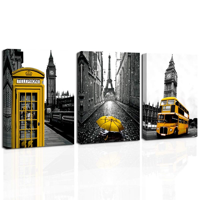 3 Pieces Cityscape Wall Art Paris Canvas Art Black and White Eiffel Tower Big Ben Picture for Modern Home Living Room Bedroom Decor 16"x24"x3 Panels