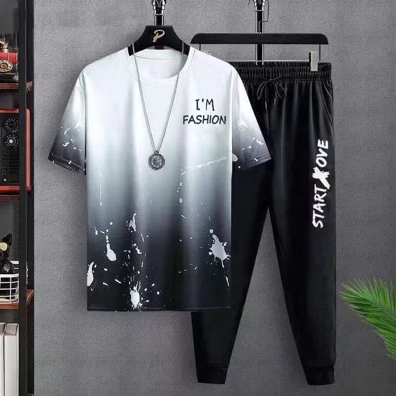 2022 Youth Sports Suit Summer Thin Set Mens Gradient White-Trouser Set 