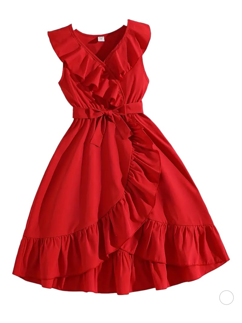 PINK WINGS Girls Knee Length Cotton Wrap Dress (7-8 Years, Red) - Image 1